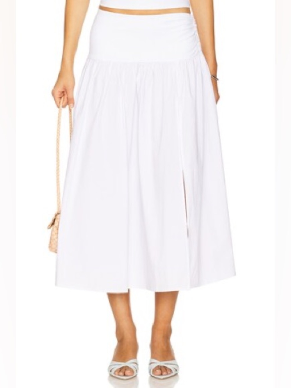 Lovers & Friends Revolve Mac White A-Line Slit Ruched Poplin Midi Skirt XS NWT